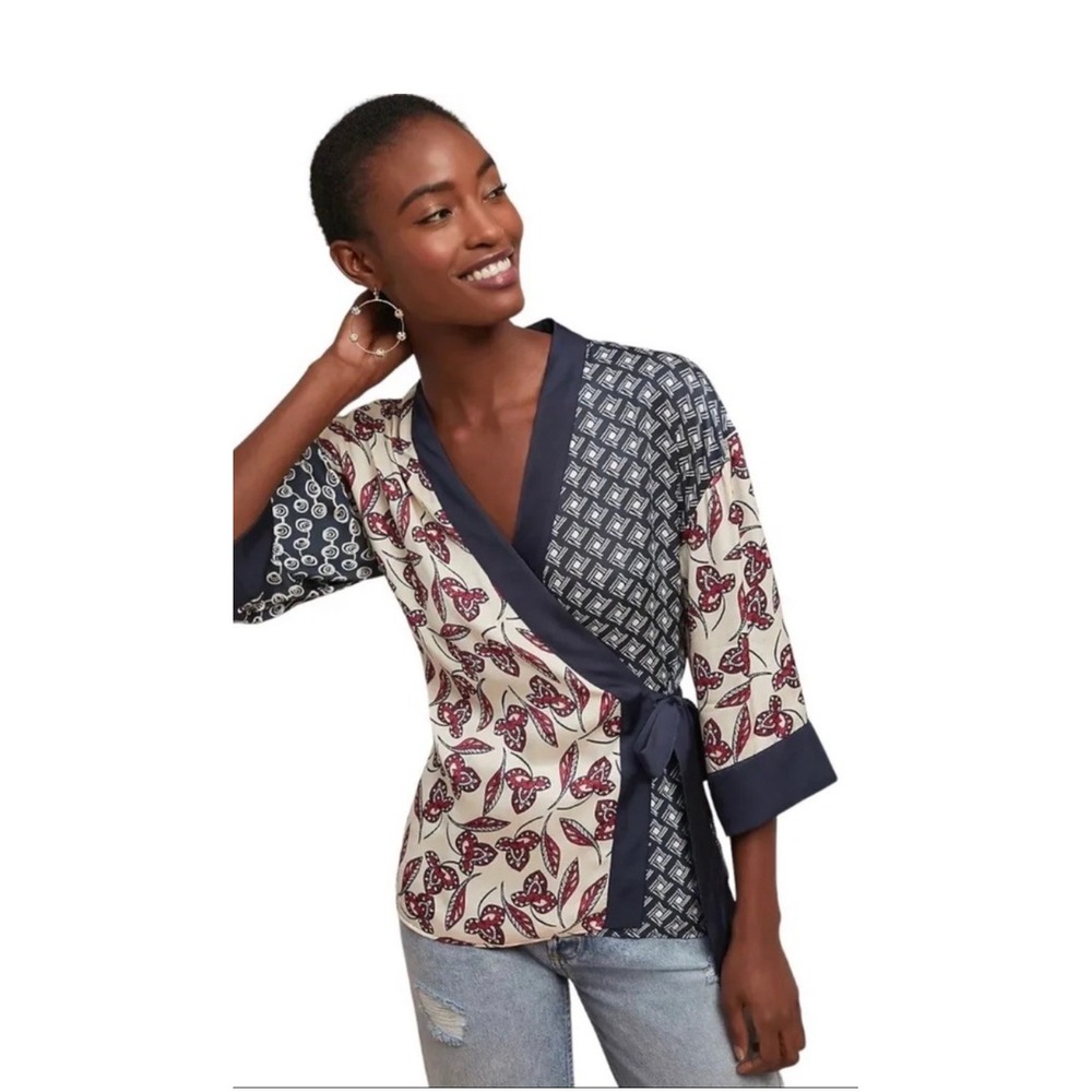 Meadow Rue Anthropologie Patchwork Kimono Wrap Top Boho Floral Navy Red Small‎
